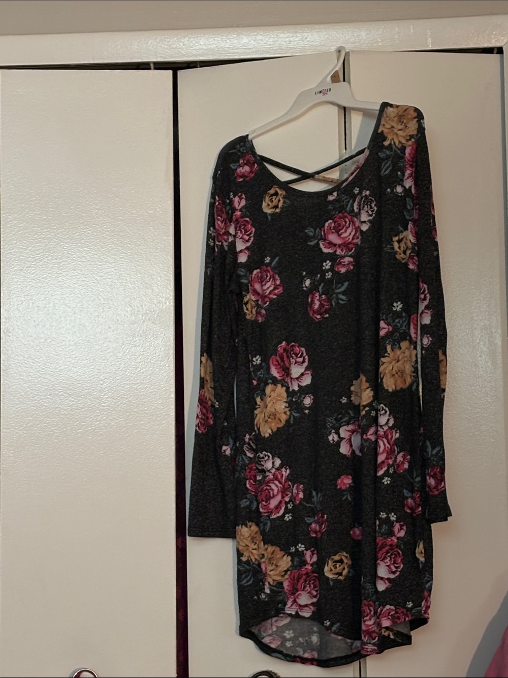 Floral Long-Sleeve Swing Dress in Charcoal with Pink & Mustard Blooms